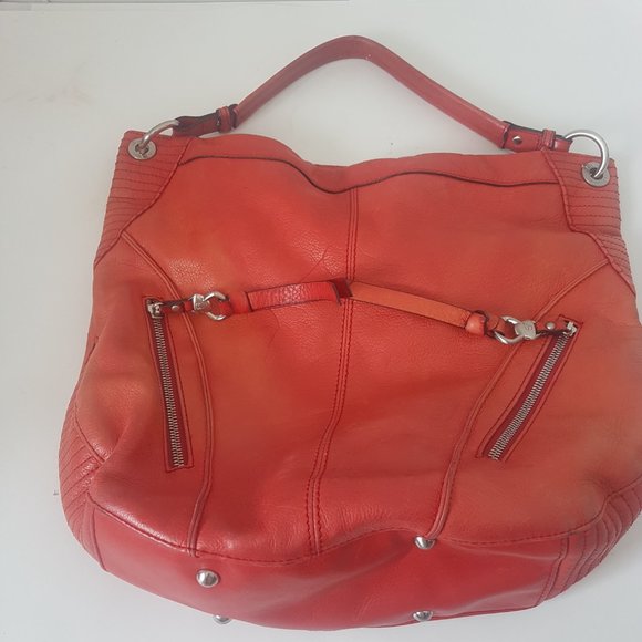B Makowsky Red Orange Color 100% Leather Shoulder Bag Purse Pockets Zipper 93 - Picture 3 of 16
